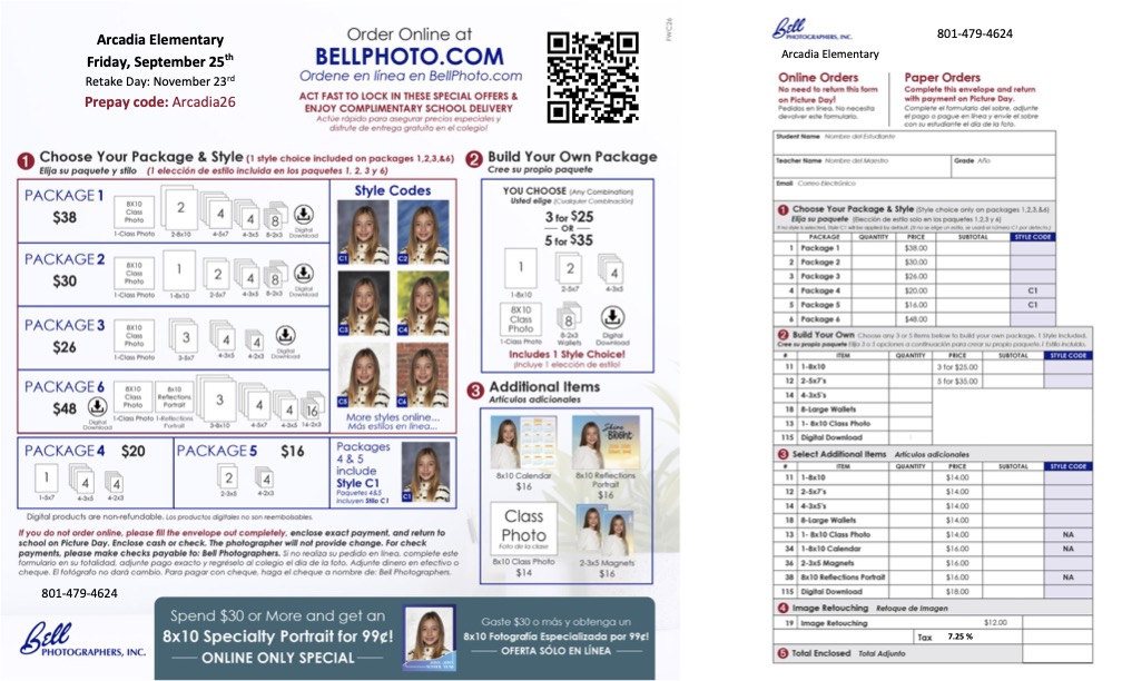 Arcadia Elementary school photo order flyer