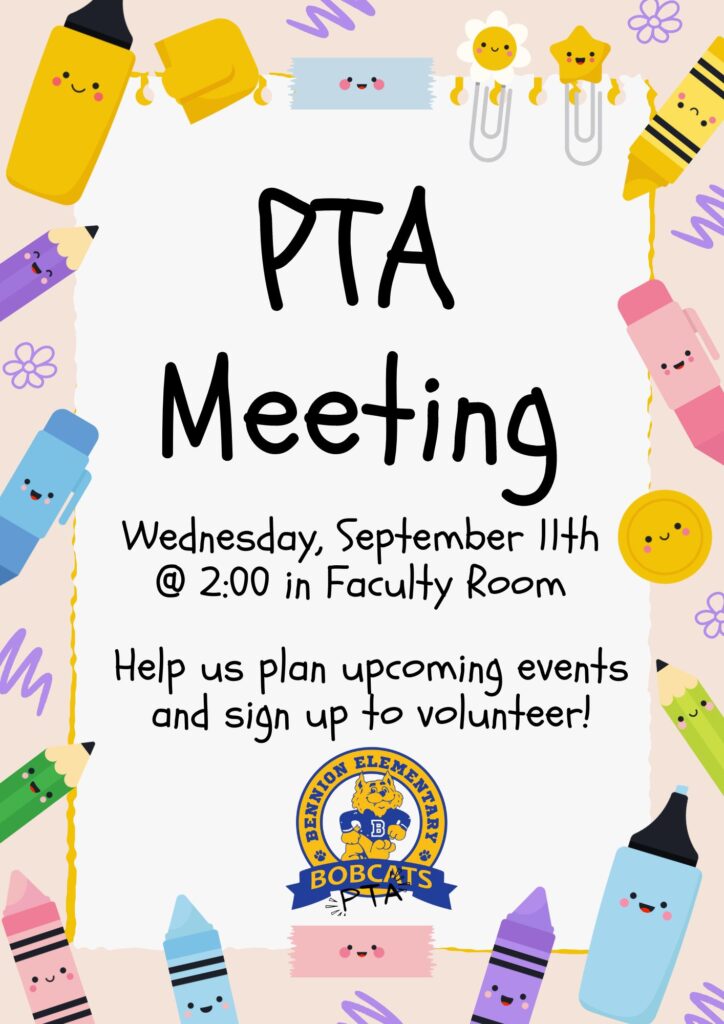 PTA Meeting
Wednesday, September 11 at 2:00 in Faculty room
Help us plan upcoming events and sign up to volunteer