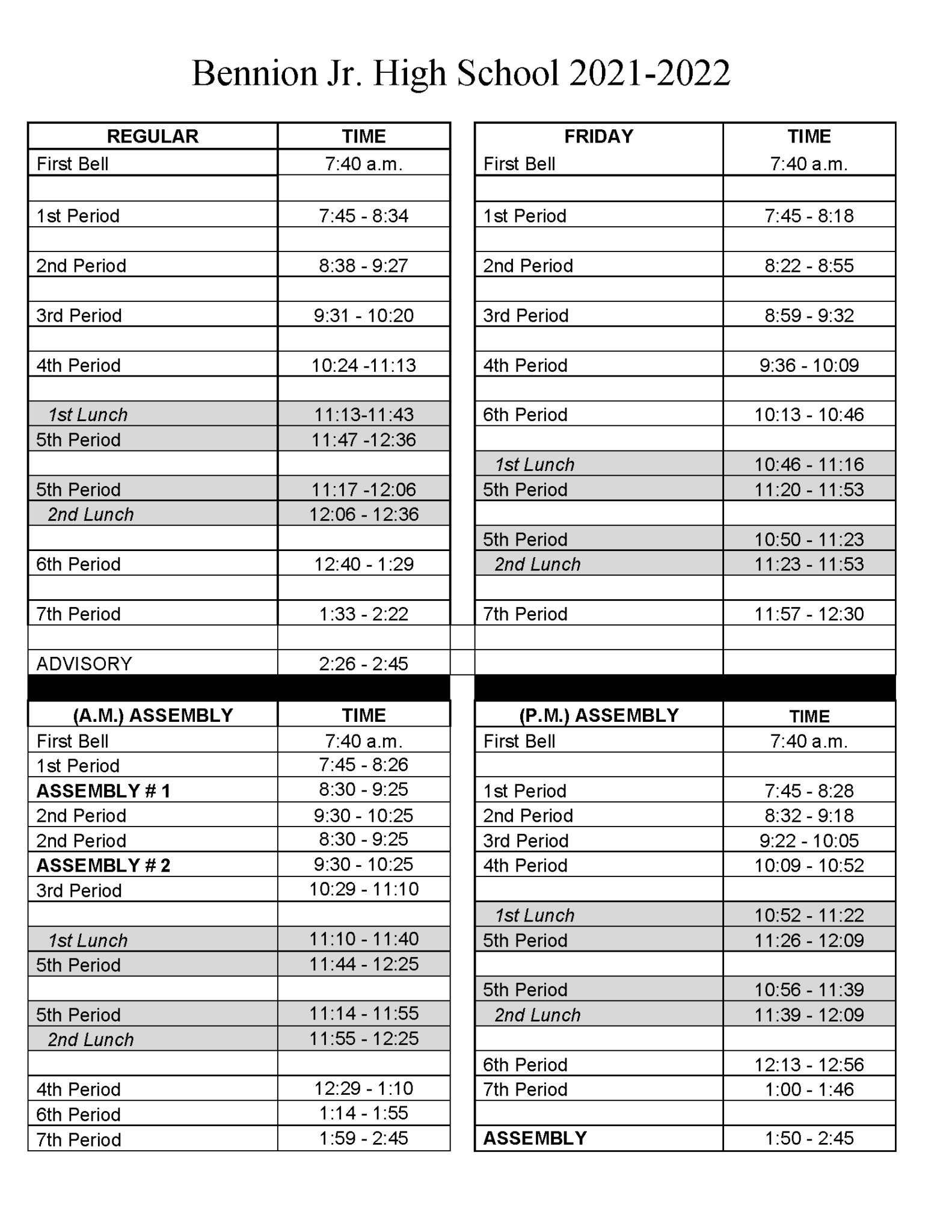 2021 2022 Bennion Junior Bell Schedule