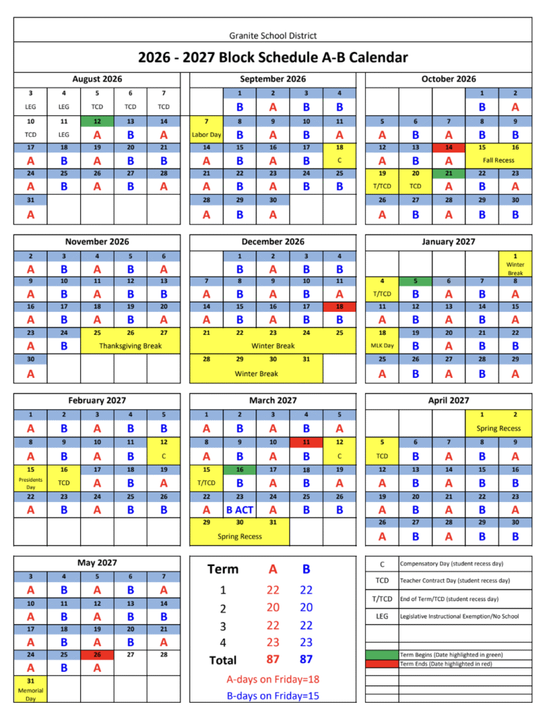 2026-2027 Block Schedule A-B Calendar