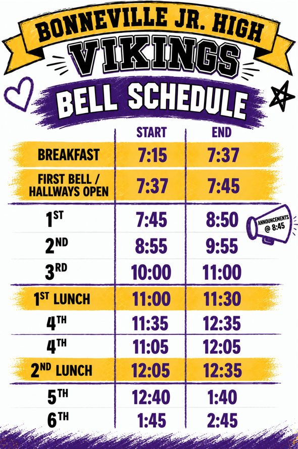 Monday - Thursday Bell Schedule. Classes are 60 minutes long with a 5 minute transition.