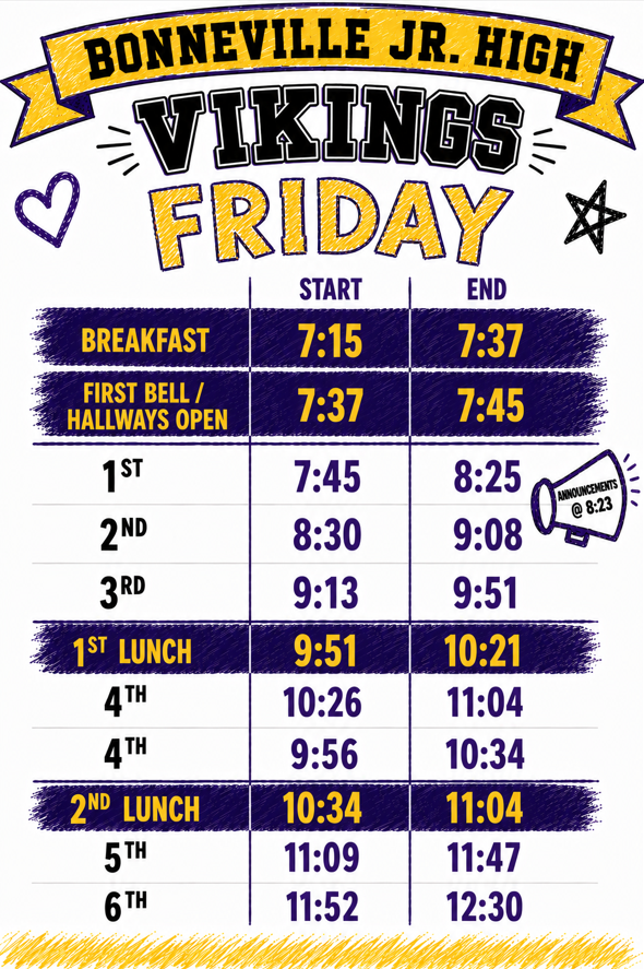 Friday Bell Schedule. Classes are 38 minutes long with a 5 minute transition time.