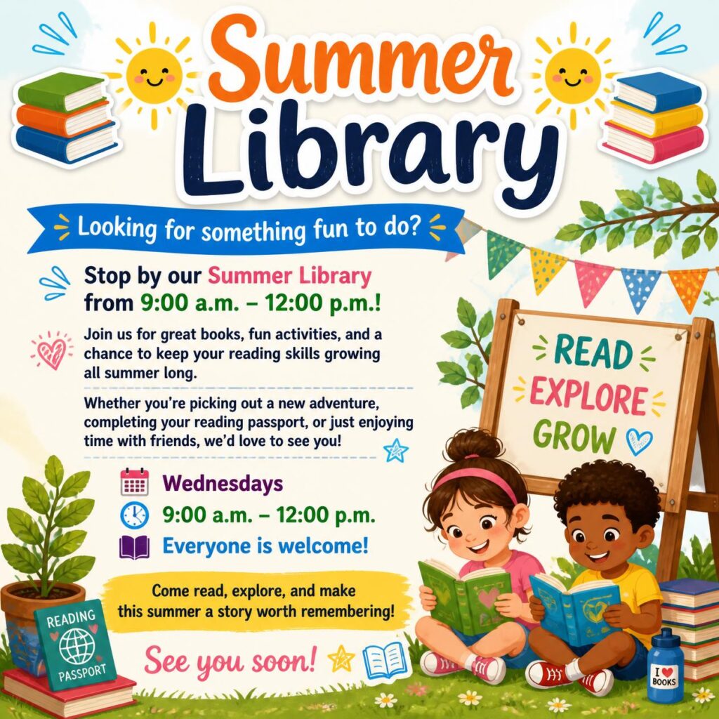 Summer Library Hours
Every Wednesday from 9:00 a.m.-Noon