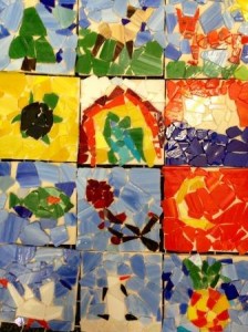Mosaic tiles in recycled tumbled stain glass