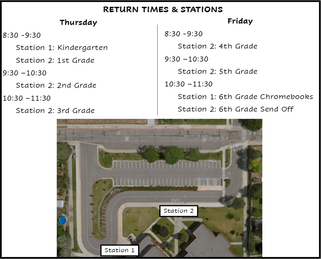 Map of Fox Hills Drop Off Zone in front of the school, showing where to drop off the chromebooks.