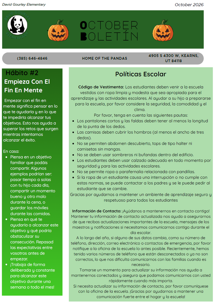 Newsletter page 1 in Spanish