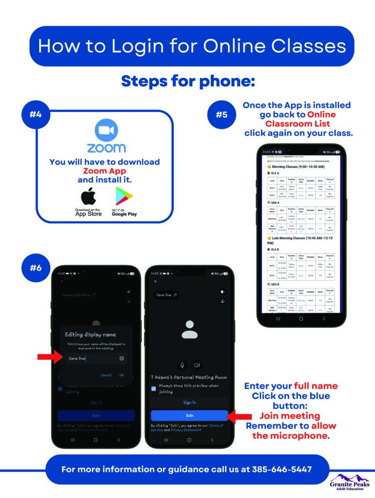 How login for online classes from mobile device