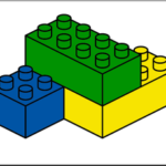 Blue green yellow Legos stacked.