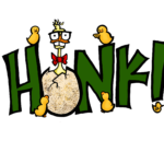 The word HONK with green and little ducks around it.