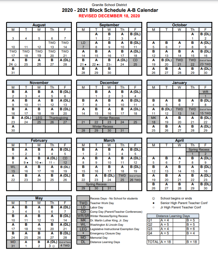 Revised A/B Calendar as of 12/18/2020