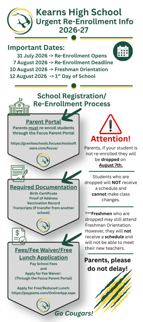 Kearns High School re-enrollment flyer for 2026-27