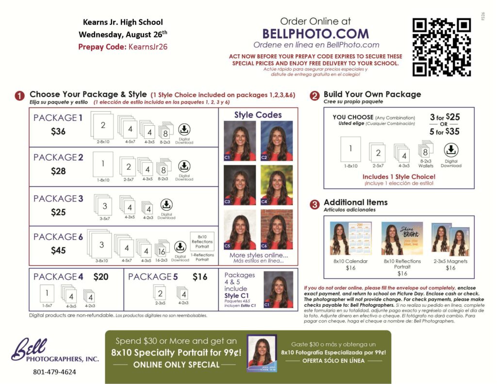 Kearns Jr. school portrait order flyer