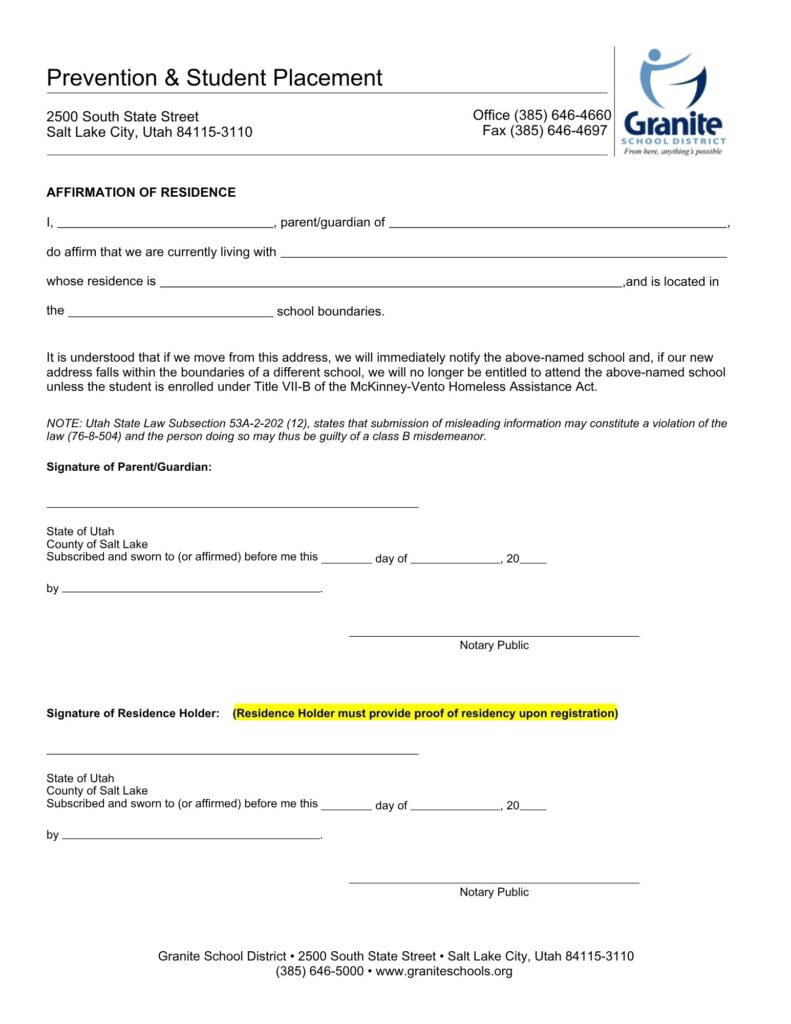 Affirmation of Residence form