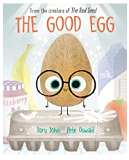 cover a picture book with an egg standing on top of a carton wearing glasses.