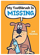 Carton dog holding toothpaste and cup missing his toothbrush