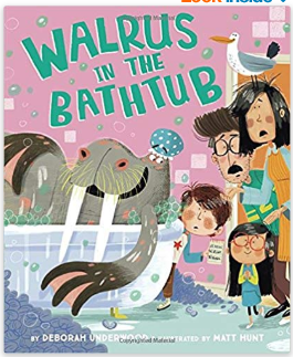 A walrus swimming in a bathtub while a family looks on in dismay