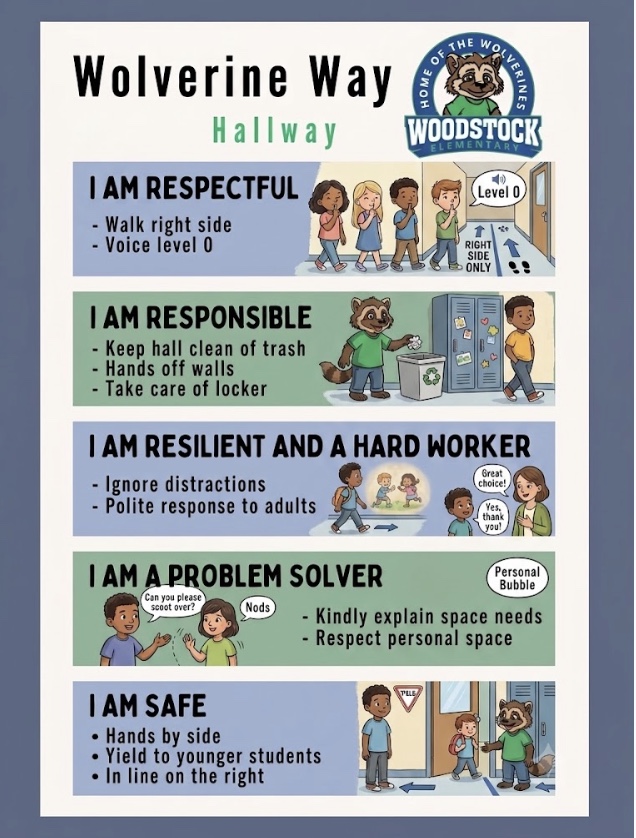 Wolverine Way hallway expectations poster with illustrations
