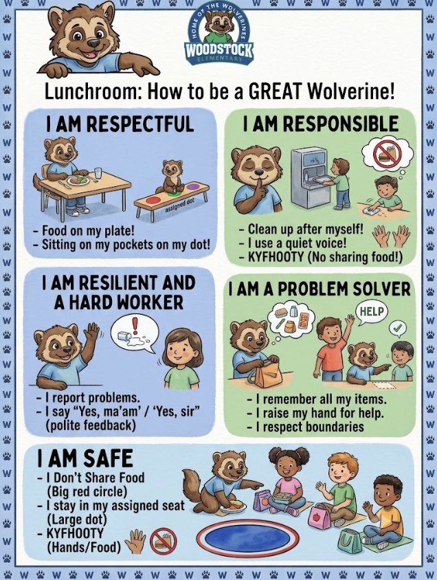 Wolverine Way lunchroom expectations poster with illustrations
