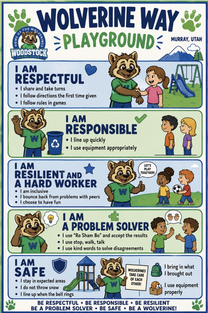 Wolverine Way playground expectations poster with illustrations