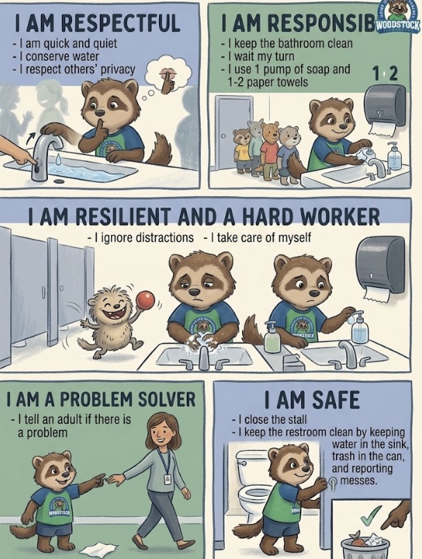 Wolverine Way bathroom expectations poster with illustrations