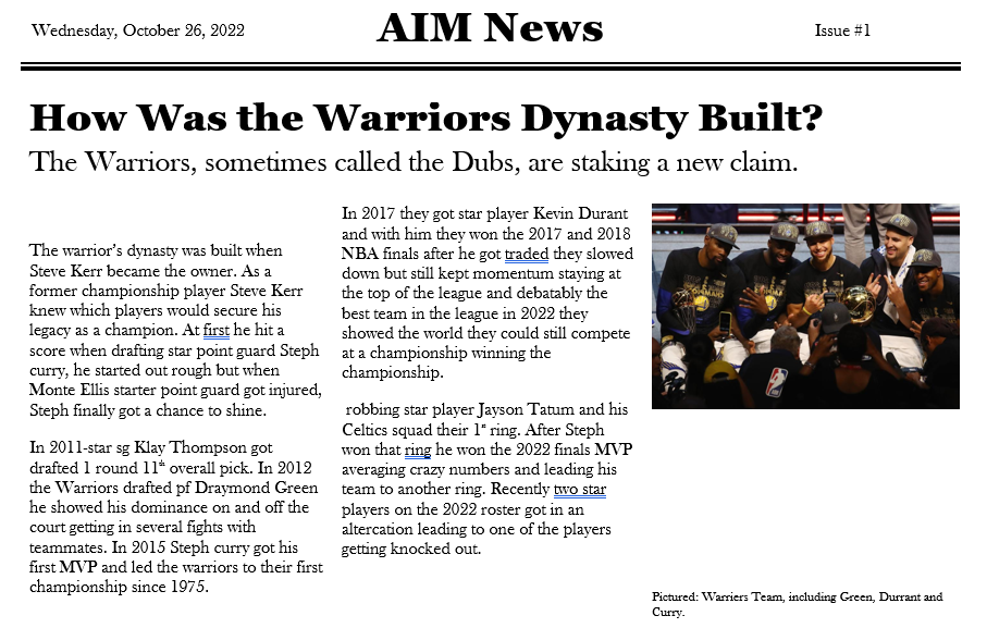 screen shot of newspaper article about the Warriors.